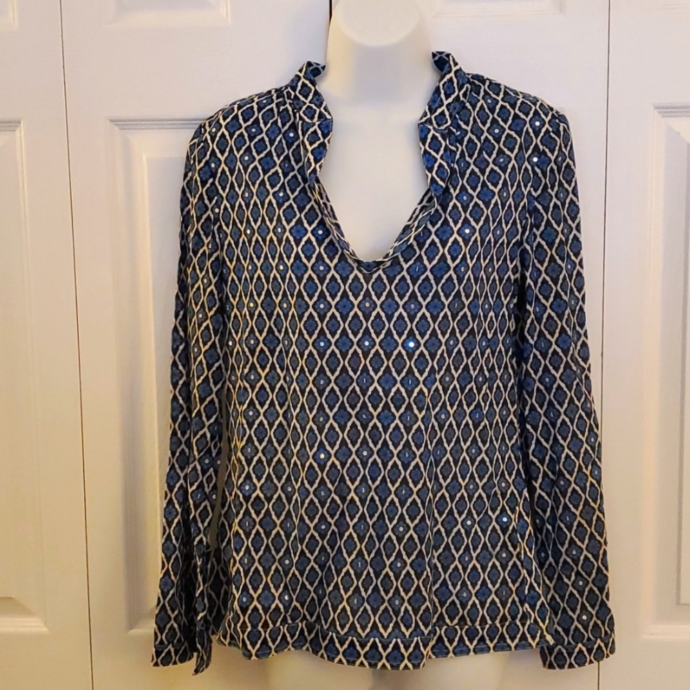 Tory Burch | 100% Cotton Blue Printed Long Sleeve Tunic Top Sz S